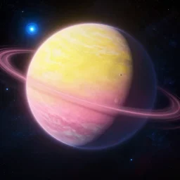 epic portrait cinematic shot an yellow planet with a pink atmosphere orbiting around a blue star in space, glowing, stars, nebuale, atmospheric, fine details. night setting. realistic shaded lighting poster by craig mullism, artgerm, jeremy lipkin and michael garmash, unreal engine, radiant light, detailed and intricate environment, digital art, trending on art station,