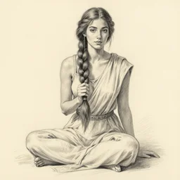 pencil sketch of a beautiful young supple woman sitting and braiding her long hair. wearing garbs,, greek aesthetic