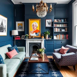 interior design photo of top floor maisonette in a victorian terraced house, bold colourful furniture, dark blue walls