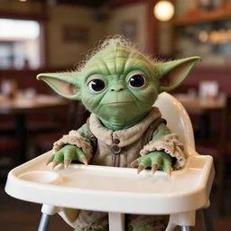 yoda sitting in a high chair at the restaurant outback, annoyed, 3 5 mm, f / 2. 8