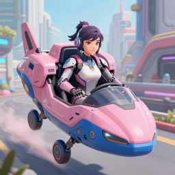 a beautiful woman, piloting a mech. Pink and blue color scheme. Scifi city street background. In the style of Arcane by fortiche. Marmoset Toolbag, zbrush, substance painter.