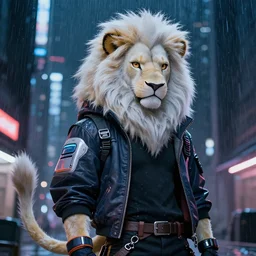 character portrait of a male anthro albino lion fursona with a tail and a cute beautiful attractive detailed furry face wearing stylish cyberpunk clothes in a cyberpunk city at night while it rains. hidari, color page, tankoban, 4K, tone mapping, Akihiko Yoshida. Nomax, Kenket, Rukis. comic book style, photorealistic, professional lighting, hyperdetailed, high resolution, high quality, dramatic, deviantart, artstation, 4k, real photo