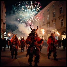 kodak portra 4 0 0, winter, hellfire, award winning dynamic photograph of a bunch of hazardous krampus by robert capas, motion blur, on a street in salzburg at night with colourful pyro fireworks and torches