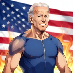 anime portrait of Joe Biden as a muscular anime boy over an American flag on fire by Stanley Artgerm Lau, WLOP, Rossdraws, James Jean, Andrei Riabovitchev, Marc Simonetti, and Sakimichan, trending on artstation