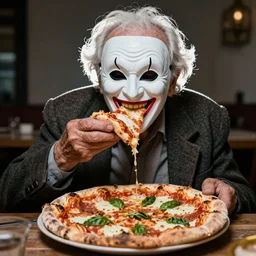 portrait photo of wrinkled old man, wears a pulcinella mask, eating a pizza margherita, large mouth, evil eyes, backlit, full body, sharp focus, highly detailed photo by eric lafforgue