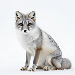 arctic fox sitting down, white background, smile