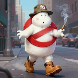 the ghostbusters stay puff marshmallow man wearing timberland shoes and hat while smoking a joint and walking in new york city, highly detailed portrait, digital painting, artstation, artstation hq