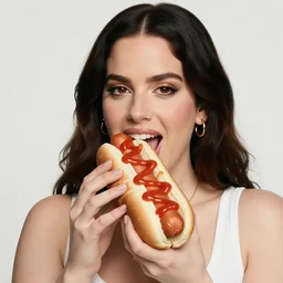 photo of lana del rey eating a hot dog with catsup smeared all over her face, vogue magazine