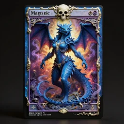 a beautiful detailed 3d matte painting of female blue dragon of the dead, by ellen jewett, by tomasz alen kopera, by Justin Gerard, ominous, magical realism, Magic the gathering playing card, texture, intricate, ornate, royally decorated, skull, skeleton, whirling smoke, embers, radiant colors, fantasy, trending on artstation, volumetric lighting, micro details, 3d sculpture, ray tracing, 8k