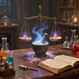 hyper realistic, table, wizards laboratory, greg rutkowski, mortar, pestle, scales with magic powder, energy flowing, magic book, beakers of colored liquid, tony sart