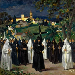 A Holy Week procession of souls in a lush Spanish landscape at night. A figure at the front holds a cross. Pierre-Auguste Renoir (1880).