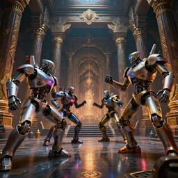 fantasy sci fi characters - robots fight in ancient temple, dark semi - vibrant colors, action scene, 8 k, lumen reflections, sharpened, insanely detailed and intricate, hypermaximalist, elegant, ornate, hyper realistic, super detailed, digital art