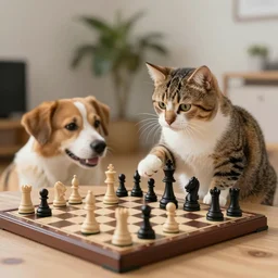 a cat is playing the chess with a dog, digital art