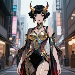 anime drawing of a beautiful giesha demon, innovative avant - garde art, deco fashion, highly detailed, japanese city setting, crisp quality and light reflections, octane render,