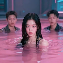 lee jin - eun emerging from pink water in cyberpunk theme by martine johanna ren hang, bastien lecouffe - deharme, gerald brom, rule of thirds, seductive look, beautiful