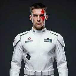 portrait of a man with a futuristic white military uniform, clean, determined expression, red and white face tattoos, art by Artgerm