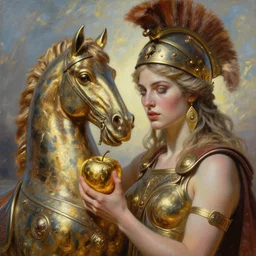battlefield of trojan war, trojan horse, closeup portrait of eris discordia, holding reflective gold!!! metal apple, goddess of chaos, seductive face, fantasy character portrait, ultra realistic, wide angle, intricate details, artifacts, luminous skies, michael cheval, peter mohrbacher, boris vallejo, jessica rossier, oil painting, highly detailed, cinematic lighting, unreal