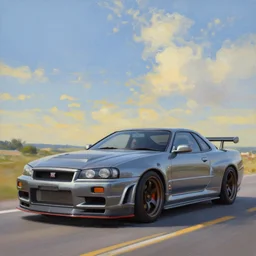 skyline gtr oil painting, desktop wallpaper, trending  on deviantart, artstation