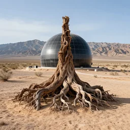photo of a stargate by marc adamus, land art made of gnarled tree roots by jaehyo lee, in the desert, mountains background
