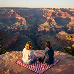 a picnic at the bottom of the grand canyon, golden hour