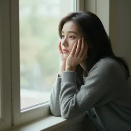 a woman sitting on a window sill looking out the window, hands on cheeks, grey sweater, a stock photo by chen jiru, tumblr, aestheticism, movie still, pretty, pixiv