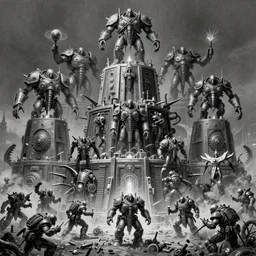 b & w red airbrush, character, tiered flayed god machines, cluster tiered heirarchy, battle chaos, mainframe hydrocracking battles, medical chromed, dystopian, by wayne d barlowe, h r giger, simon bisley & boris vallejo, enric torres, hyper realism, narrative light, muted colors, epic, hyper detailed, awe inspiring, award winning