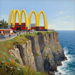 mcdonald's on a cliffside in hell, wayne barlow painting