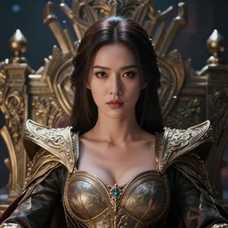 closeup portrait of a strong fierce beautiful young asian queen with medium length hair, sitting on her throne, ruler of the universe in the future year 3 0 0 0, highly detailed, intricate, elegant, hyperrealism, digital art by ross tran and artgerm and greg rutkwowski and wlop, 8 k hd