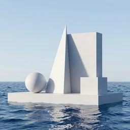 geometric 3 d objects above ocean, sea line, vray render