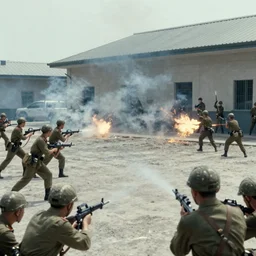 distant shot of soldiers in a shootout near a military base, 1 9 8 7, movie still