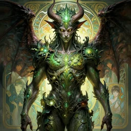 male humanoid demon with wings, sci fi, glowing eyes, volumetric lights, plant theme, art nouveau botanicals, intricate, intense detail, digital painting, artstation, concept art, smooth, sharp focus, cinematic, illustration, beautiful face, style of h. r. giger, greg rutkowski, alphonse mucha, kentaro miura, 4 k
