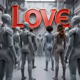 love, diverse grey cybersuits, from behind, wide wide angle, vivid, elaborate, highly detailed, beautiful lighting