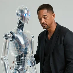 will smith is sad, next to him is a transparent plastic android, photorealistic, 8 k quality, full quality