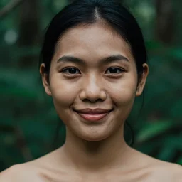 a ultra high resolution close - up of asian woman from tai tribe in lush green forest. photo from the front. sexy and beautiful woman is smiling and has eye contact with the camera. face is clear and symetrical. the light is dim, and the colours are muted. kodak etkar 1 0 0.