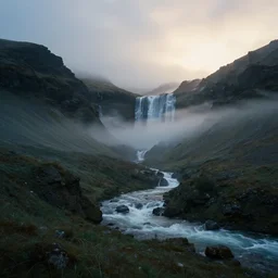 photo of epic mountain moor landscape, waterfall, first light, morning mist, cinematic, cinematic, art by michael shainblum, low clouds