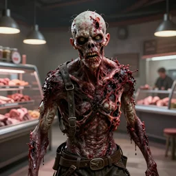 butcher angry rotting zombie, detailled portrait, modern butchery interior, feeling of grimdark horror, daytime, high contrast, ultra intricate detailed, octane render, unreal engine
