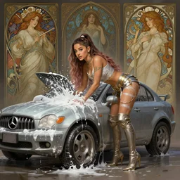 ariana grande washing her car, full body shot, d & d, fantasy, intricate, highly detailed, digital painting, artstation, concept art, matte, sharp focus, illustration, hearthstone, art by artgerm and greg rutkowski and alphonse mucha