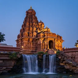 ancient india with ornate temples, waterfalls, and fireflies.