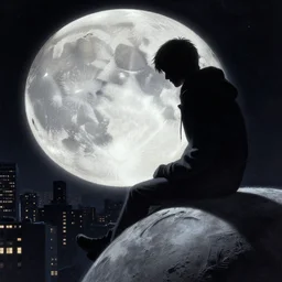 the sandman sitting on the moon, looking over a sleeping cityscape by howard finster and jeremy geddes, dramatic