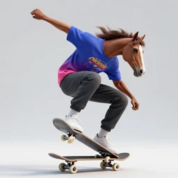 a horse wearing 90's cool kid clothing doing a kick flip on a skateboard