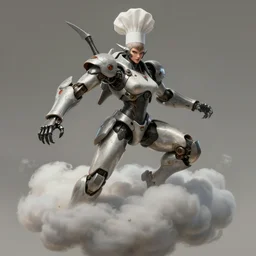 daemonic mecha woman chef, dynamic pose, in clouds, by greg hildebrandt, studio lighting, muted colors, by terry richardson, concept art by leonardo davinci, extreme detail, volumetric, reflective, trending on artstation, 8 k