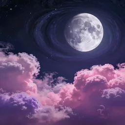 matte painting layered night sky. Stars and a swirly starry night moon. pink and purple ombre puffy cotton candy clouds. Cyril Roland
