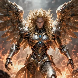 digital art of a pale menacing male Cyborg Angel of Battle with long blond curls of hair and piercing eyes, johan liebert mixed with Dante, central composition, he commands the fiery power of resonance and wrath, very very long blond curly hair with bangs!!!, baroque curls, by Ross Tran Rossdraws and WLOP, Artstation, CGsociety