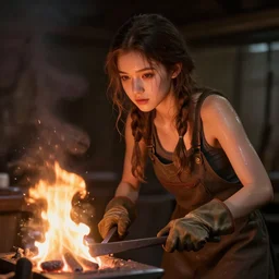 idealistic portrait of a lovely young girl working in a blacksmith's forge, clear eyes, fair skin, beautiful hair, gloves, very warm and sweating, fantasy art, fire, 8 k digital art, unreal engine, far away, in the style of greg simkins and h. r. giger,