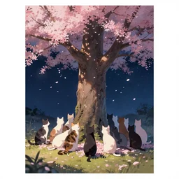 multiple cats behind a beautiful tree full of falling petals, night setting with stars. realistic shaded lighting poster by ilya kuvshinov katsuhiro, magali villeneuve, artgerm, jeremy lipkin and michael garmash, rob rey and kentaro miura style, trending on art station