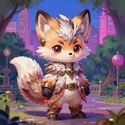 a cute chibi harpy fox - boy fursona completely covered in feathers and wearing a full outfit made of feathers is standing in anime scenery central park new york. trending on pixiv. trending on artstation. neon steampunk aesthetic. a vibrant digital oil painting. a highly detailed drawing of a character portrait by terese nielsen and edvard gurney guay