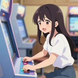 anime visual of a happy young. woman play a stadn up arcade game in a arcade's dark interior, cute face by ilya kuvshinov, makoto shinkai, kyoani, masakazu katsura, dynamic pose, crisp and sharp, yoshinari yoh, rounded eyes, anime poster, cel shaded