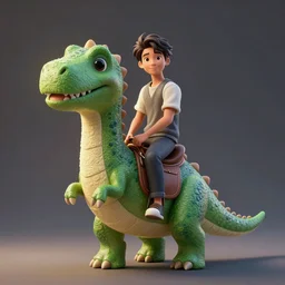 a man sitting in a saddle on the back of a green dinosaur, adorable and whimsical, fantasy, elegant, behance, unreal engine, octane render, sharp focus, high contrast, illustration