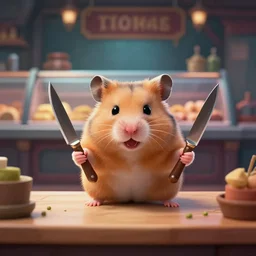 a hamster with an evil face, in a butcher shop, holding knives in his hands. standing in front of the table. computer game. dota 2. the tavern. front view.