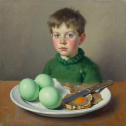a still life portrait of green eggs and ham, oil on canvas, highly detailed